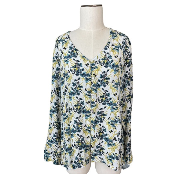 J. Jill Blouse Womens Large Blue Gold Floral Boho V Neck Shell Like Button Front - Picture 1 of 10